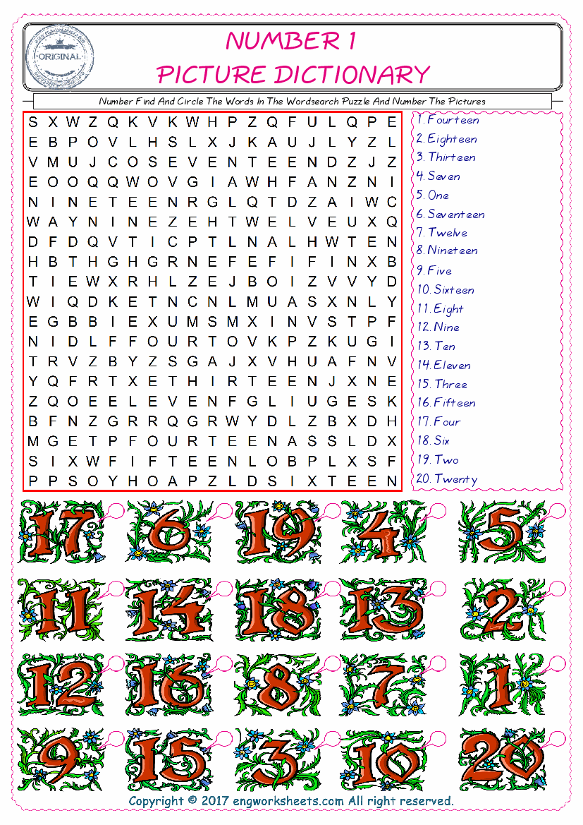  ESL wordsearch worksheets for kids, find Number words in the word wordsearch write its number on its picture English worksheet. 